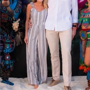 Jessica Simpson blue and white stripe jumpsuit with ruffle thin straps, size XS